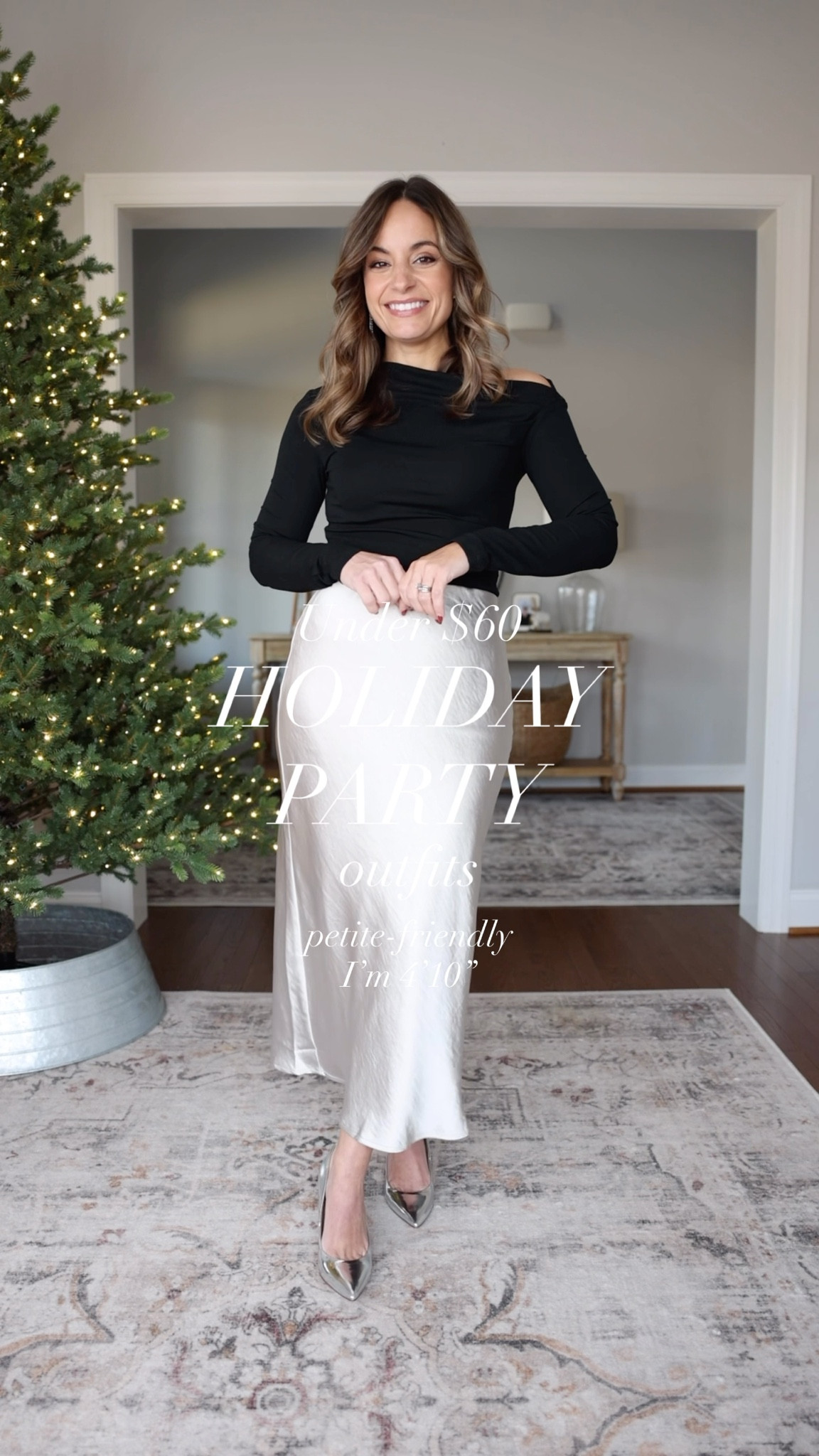 Under $60 Holiday Party Outfits! 

Silver Satin Skirt (Kohls): petite xs - fully lined, runs a little large, size down if in between sizes. 
Black top (BR Factory): xxs 
Shoes are sold out 

Navy satin skirt (Kohl’s): petite xs - fully lined, runs a little large, size down if in between sizes. 
Sequin sweater (Old Navy): petite xs 
Shoes are sold out 

Green dress (Kohl’s): petite xs 

My measurements for reference: I’m 4’10” and 105lbs. My bust, waist, and hip measurement is 32”, 24”, and 36”.

#LTKHoliday #LTKPetite