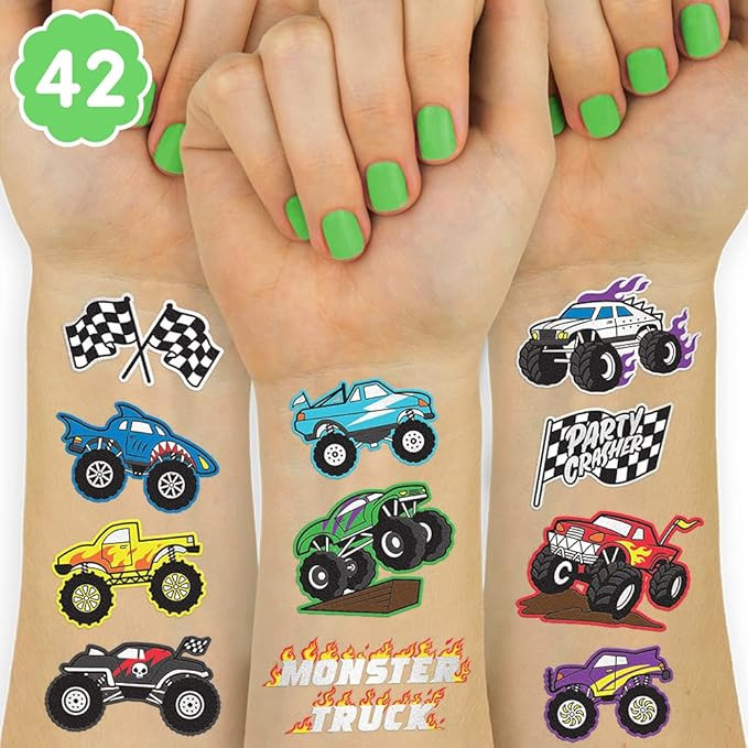 xo, Fetti Monster Truck Party Supplies Temporary Tattoos - 42 Metallic Styles | Trucks, Big Cars,... | Amazon (US)