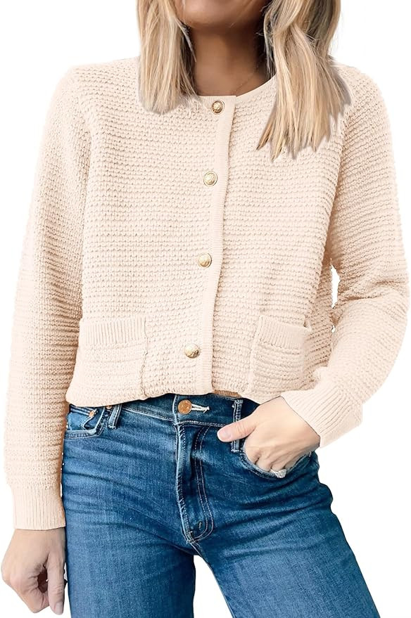 ANRABESS Women's Tweed Knit Cardigan Sweater Casual Long Sleeve Cropped Button Down Lady Jackets ... | Amazon (US)