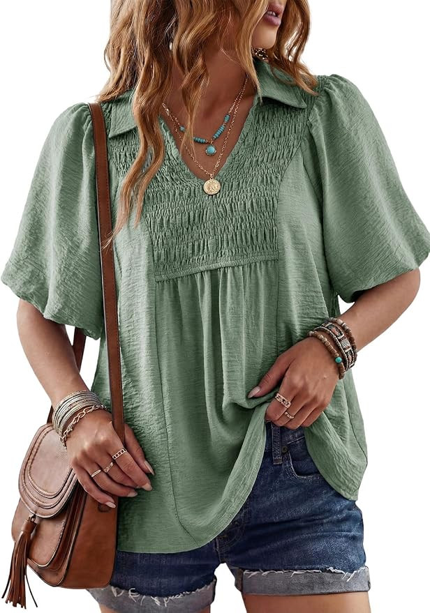Astylish Womens Dressy Smocked V Neck Babydoll Peplum Tops Summer Puff Sleeve Cute Elegant Ruffle... | Amazon (US)