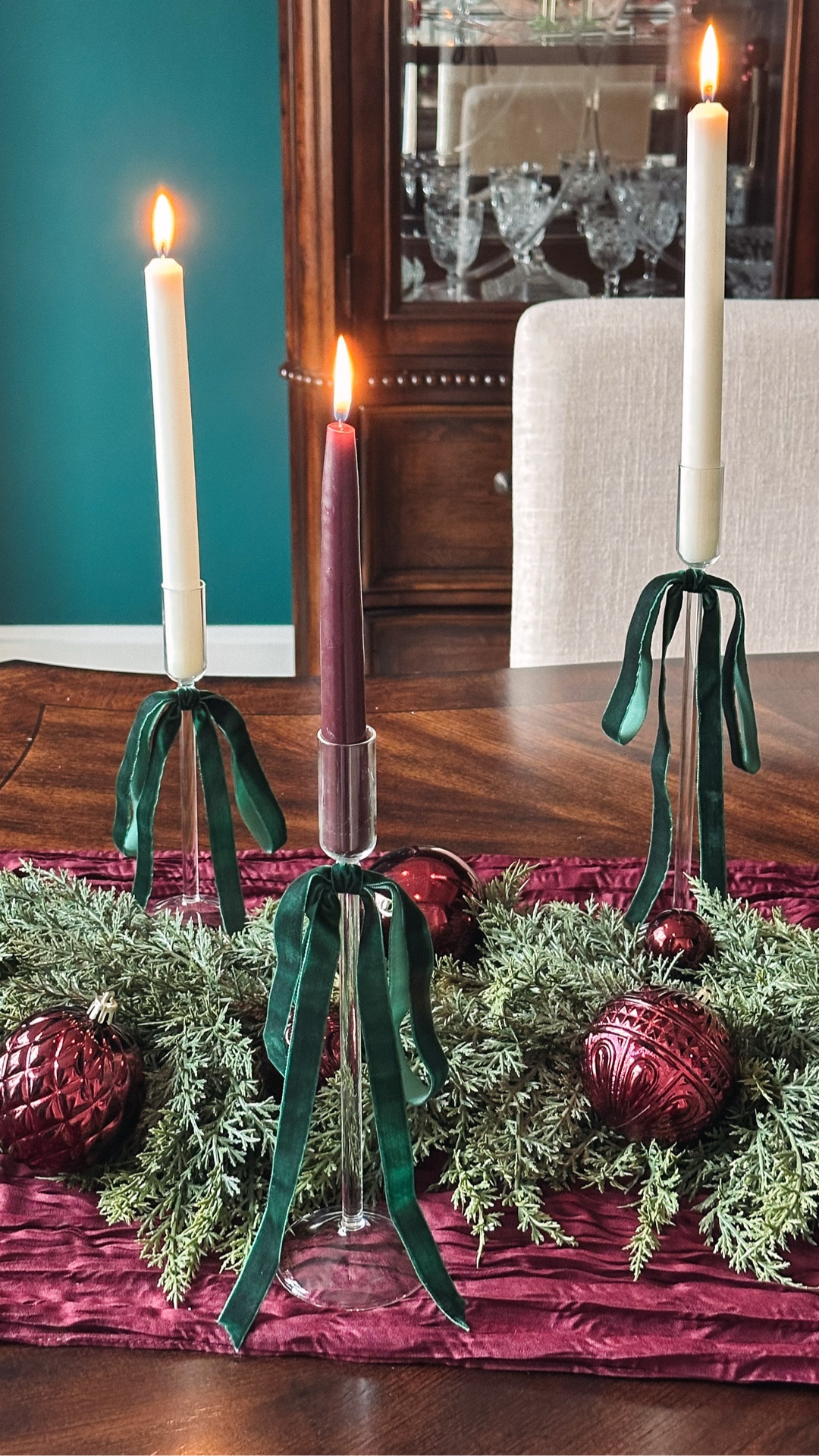 Ralph Lauren Christmas, Ralph Lauren Tablescape, simple Christmas tablescape, Amazon Christmas, burgundy Christmas ornaments, glass candlesticks, garland

#LTKHoliday