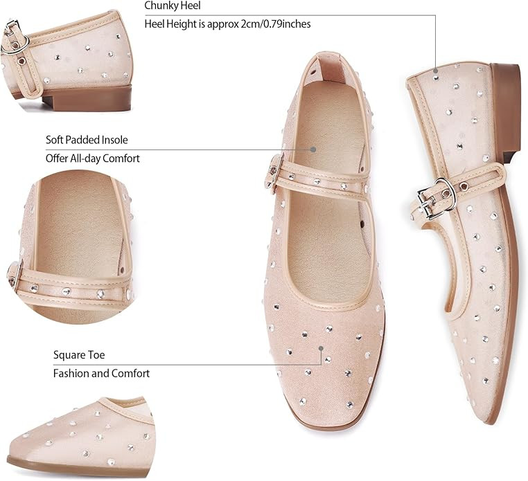 DOEYG Rhinestone Mary Jane Flats for Women Sparkly Ballet Flats with Buckle Strap Square Toe Embe... | Amazon (US)