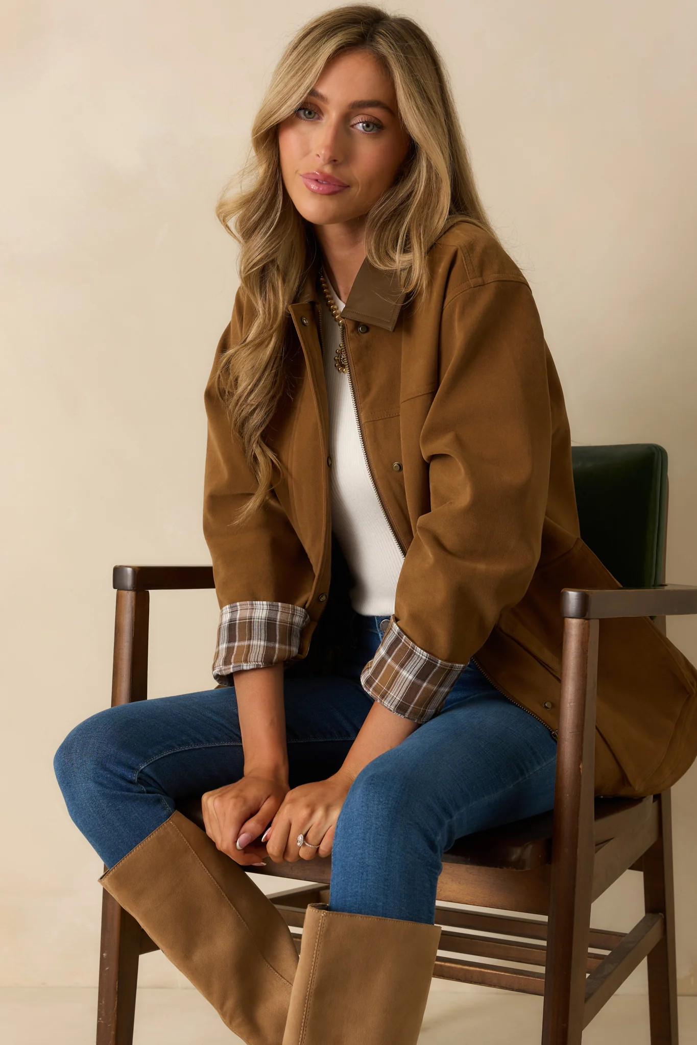 Here If You Need Camel Brown Faux Suede Barn Jacket | Red Dress