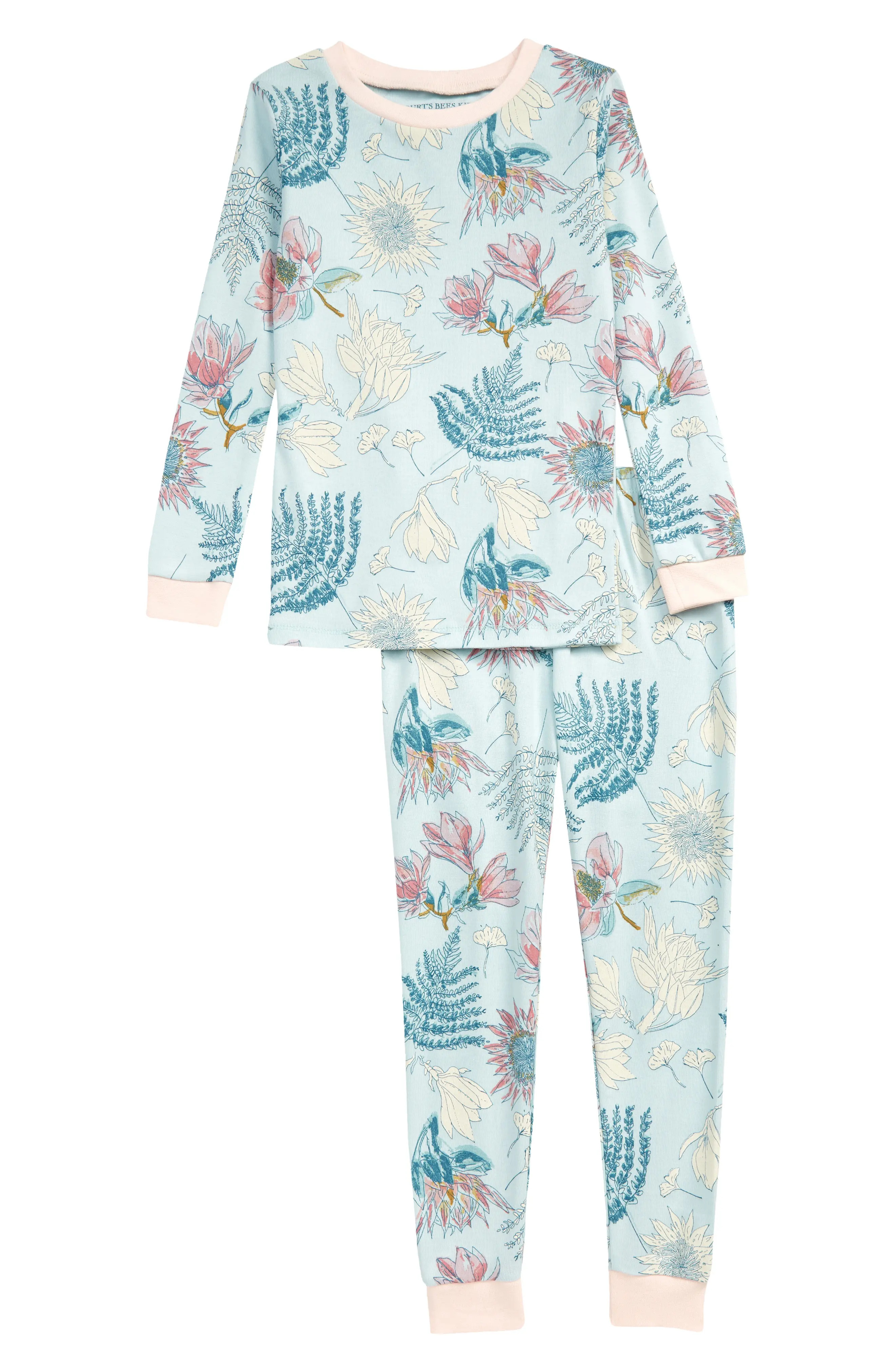 Infant Girl's Burt's Bees Kids' Floral Print Fitted Cotton Two-Piece Pajamas, Size 24M - Blue | Nordstrom