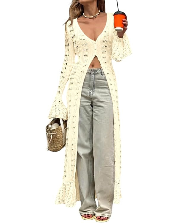 Saodimallsu Womens Crochet Long Cardigans Duster Button Up Bell Long Sleeve Ruffle 2026 Summer Bo... | Amazon (US)