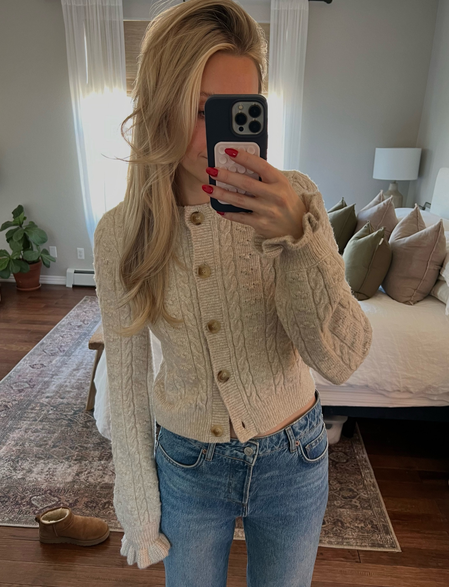Cardigan of my dreams - true to size, sized up one in jeans for a loose fit. 