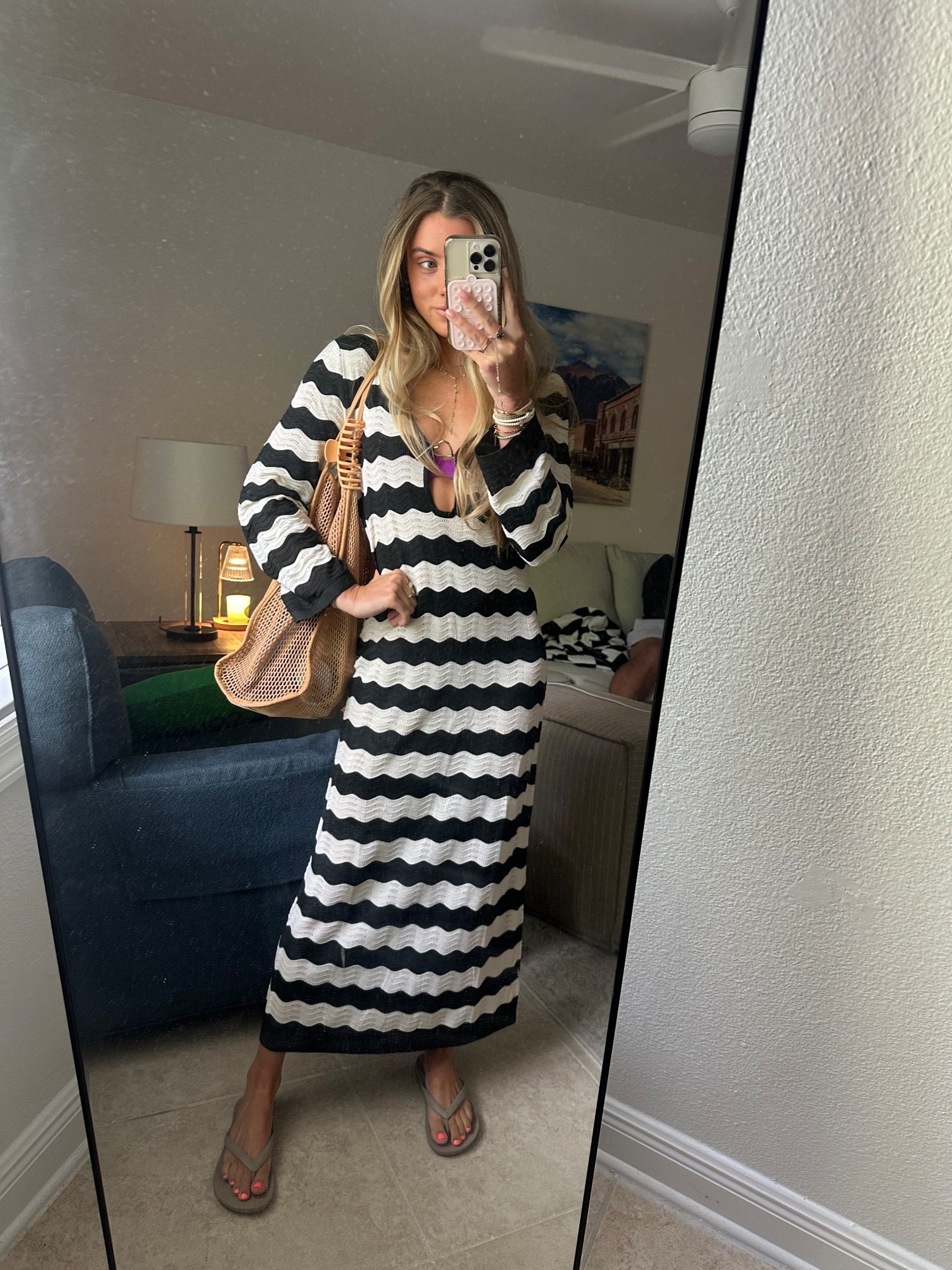 Amazon size small coverup. Saodimallsu Womens Crochet Summer Maxi Dress Striped Sexy Cut Out V Neck Long Sleeve Knit Cover Up Beach Dresses. The bathing suit is from Vetchy size XS. 

#LTKSeasonal #LTKItBag #LTKSwim