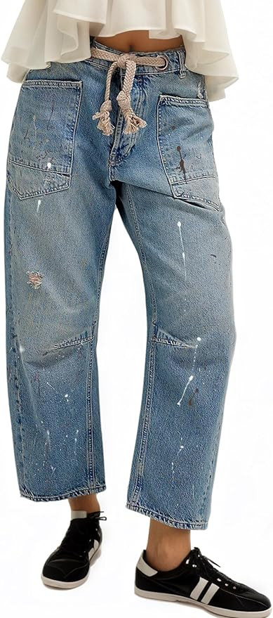 Womens Pull-On Barrel Jeans Mid-Low Rise Boyfriend Drawstring Ankle Baggy Elastic Waist Stretchy ... | Amazon (US)