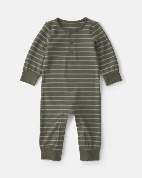 Baby Boy Striped PurelySoft\u2122 Long-Sleeve Jumpsuit - Olive Green | Carter's Inc