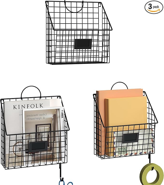 Hanging Wall File Organizer Metal Wall Mounted File Holder Folder with Handles and Hooks, Magazin... | Amazon (US)