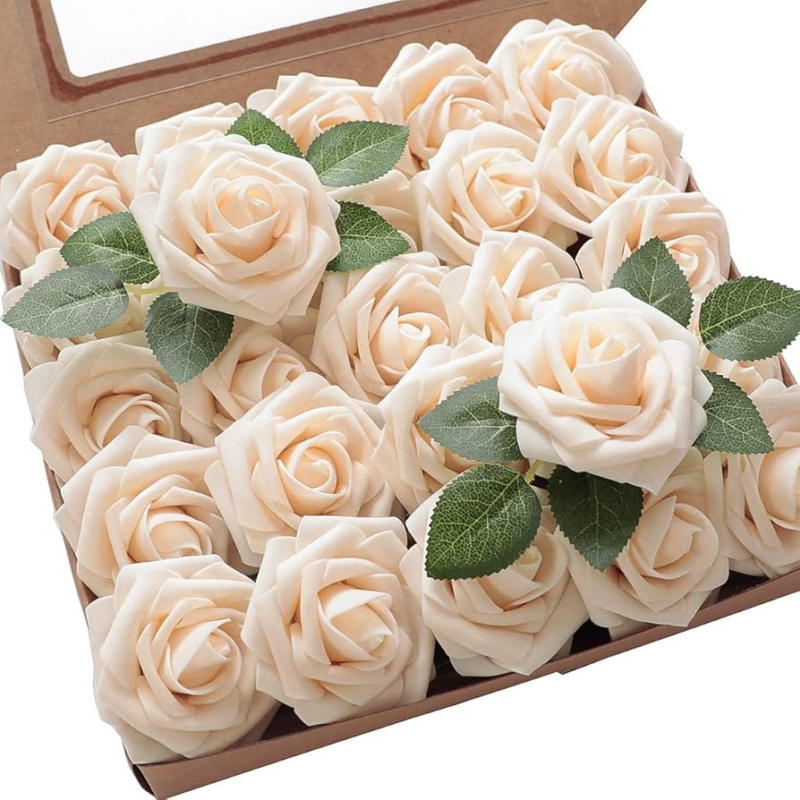Floroom Artificial Flowers 25pcs Real Looking Cream Foam Fake Roses with Stems for DIY Wedding Bo... | Amazon (US)
