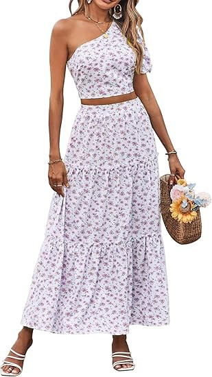 PRETTYGARDEN Women's 2 Piece Summer Outfits Casual Floral One Shoulder Crop Top High Waisted Maxi... | Amazon (US)