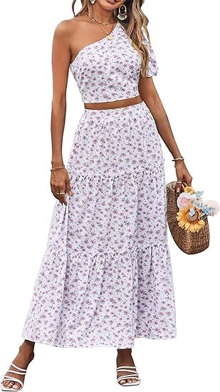 PRETTYGARDEN Women's 2 Piece Summer Outfits Casual Floral One Shoulder Crop Top High Waisted Maxi... | Amazon (US)