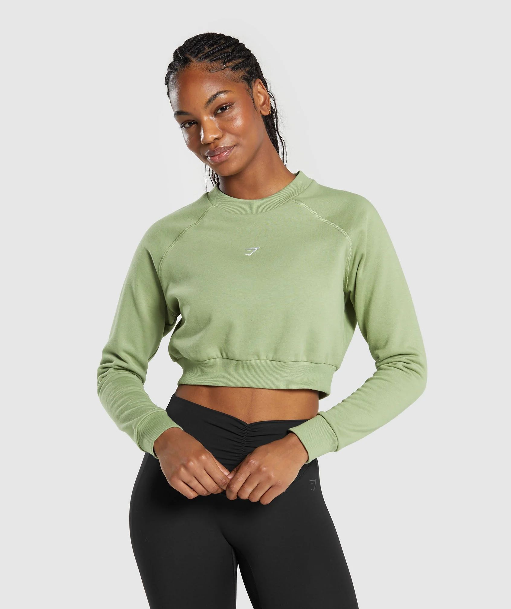 Gymshark Training Fleece Cropped Sweatshirt - Natural Sage Green | Gymshark US