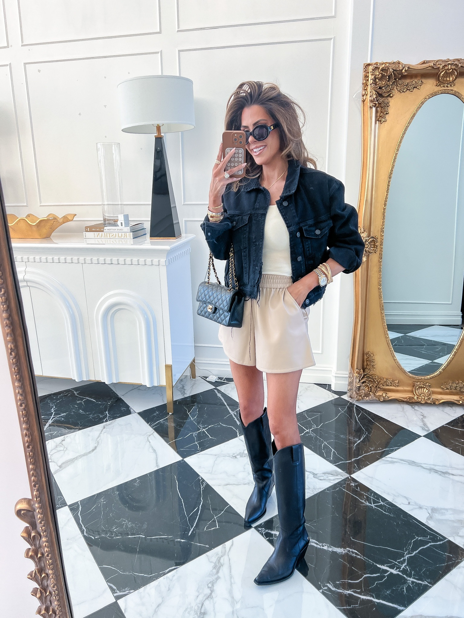 Wearing a size XS in tank, XS in shorts. 

#walmartfashion #walmartpartner @walmartfashion 

Leather shorts, Walmart fashion, spring fashion, denim jacket, agolde jacket, Anine Bing, black jacket, black boots, Emily Ann Gemma 

#LTKstyletip
