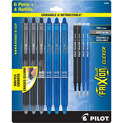 Pilot Frixion Erasable Pens - 6 Pack (3 Black & 3 Blue Ink Pens Included) + 4 Bonus Refills - Frixio | Amazon (US)