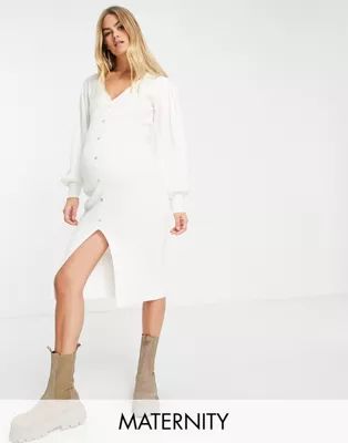 Missguided Maternity knitted midi dress with balloon sleeves in white | ASOS | ASOS (Global)