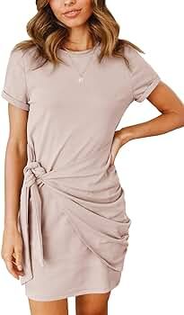 Women's Short Sleeve Crew Neck T Shirt Dress Tie Waist Ruched Bodycon Mini Dress | Amazon (US)