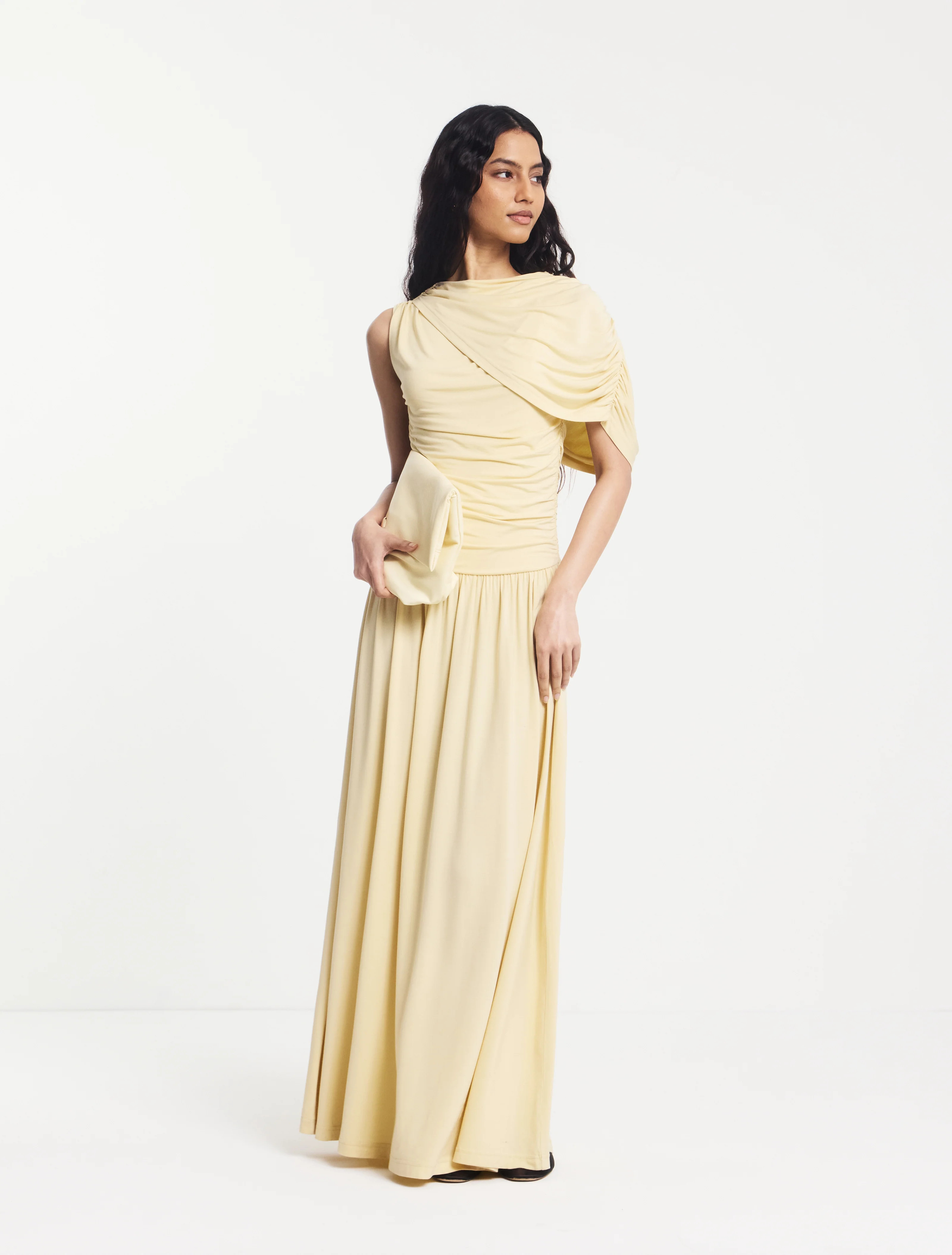 Mila Asymmetrical Caped Shoulder Maxi Dress in Butter Milk | NinetyPercent