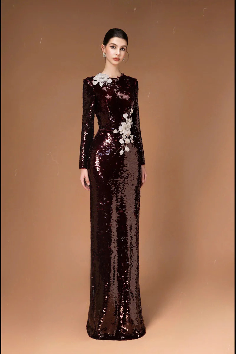 LONG SLEEVE SEQUIN FLOWER LONG DRESS | HACCHIC COUTURE | CULT MIA | CULT MIA UK LTD