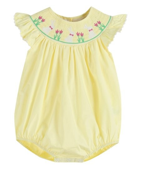Yellow Easter Bunny & Flowers Smocked Bubble Bodysuit - Infant & Toddler | Zulily