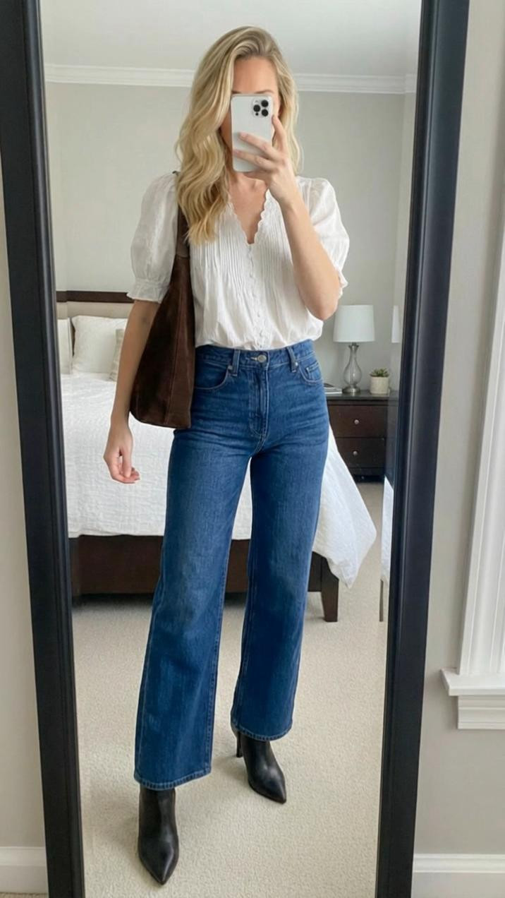 The perfect casual chic outfit formula! 🤍
This white puff sleeve blouse is such a flattering piece - love the pintuck detailing and romantic puff sleeves. It's feminine but still casual enough for everyday wear. Paired it with medium wash wide leg jeans and black pointed toe booties for an effortlessly polished look.
Added my go-to brown suede shoulder bag to complete the outfit. This color combo of white, denim, and black is classic and never fails!
The blouse runs TTS and comes in multiple colors. These wide leg jeans are SO flattering and hit at the perfect length with heels or boots. The black booties are a staple in my closet - they go with literally everything!
This is my go-to outfit for work, coffee dates, lunch with friends, or casual Fridays. Easy to dress up or down!
Shop this entire look by following me in the LTK app 🛍️
#LTKfinds #LTKstyletip #LTKworkwear #puffsleeve #puffsleevetop #whiteblouse #widelegjeans #mediumwashdenim #blackbooties #pointedtoeboots #anklebooties #casualchic #workoutfit #springoutfit #denimstyle #ootd #outfitinspo #everydaystyle #casualstyle #businesscasual #workwear #shoulderbag #suedebag #neutralstyle #fashionfinds #LTKunder100 #outfitideas 

 

#LTKdayinmylife #LTKgrwm #LTKootd