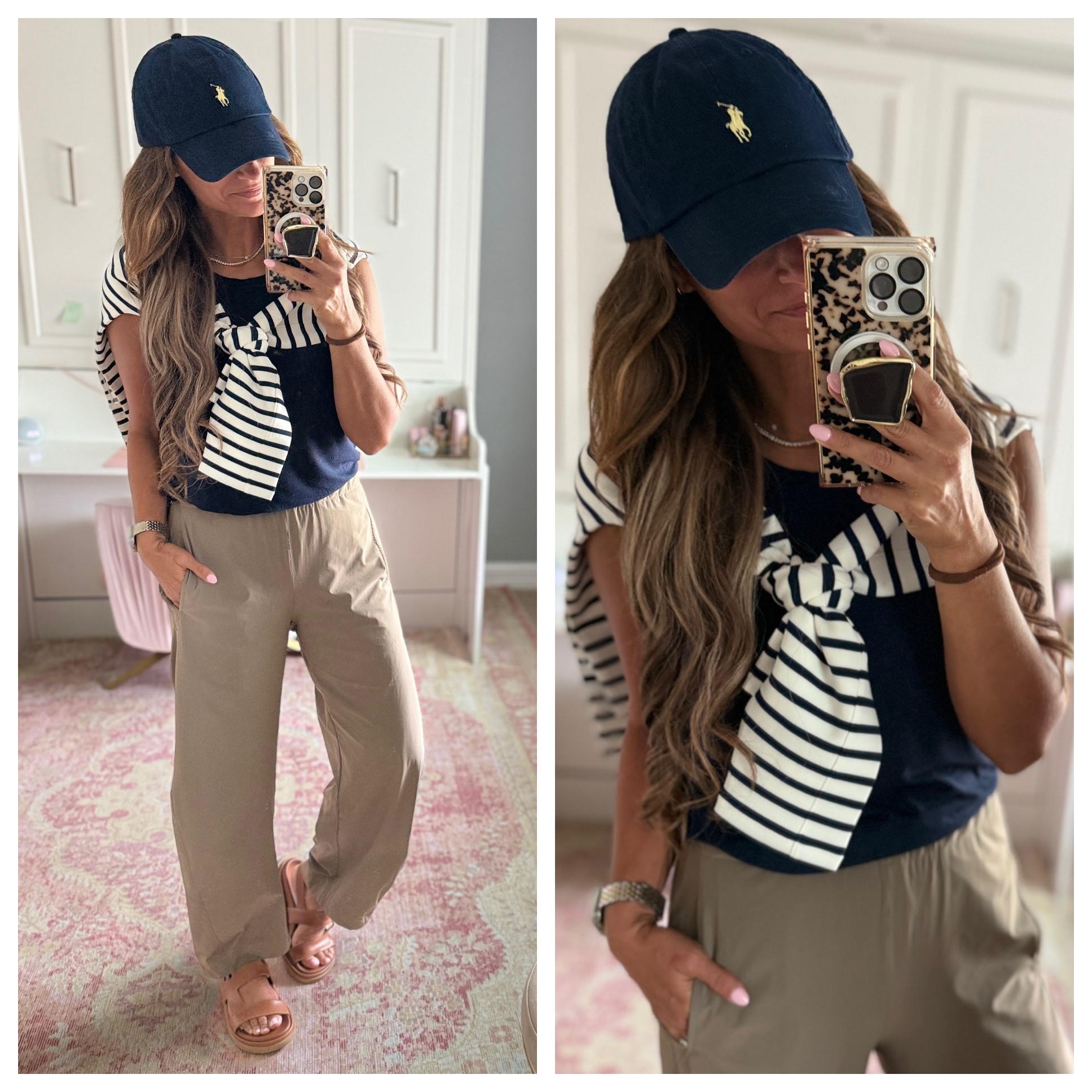 Casual fall outfit with a navy tank, striped pullover, and tan viral pants