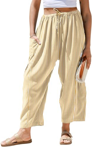 TARSE Womens Linen Wide Leg Striped Pants Casual Barrel Loose Drawstring Low Waist Palazzo Harem Pants with Pockets(YellowWhite,XL) | Amazon (US)