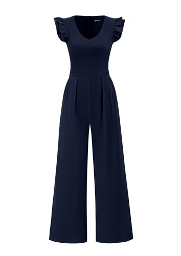 PRETTYGARDEN One Piece Jumpsuits For Women Dressy Ruffle Cap Sleeve V Neck Ribbed Knit Wide Leg Romper Casual Spring Outfits (Navy,Small) | Amazon (US)