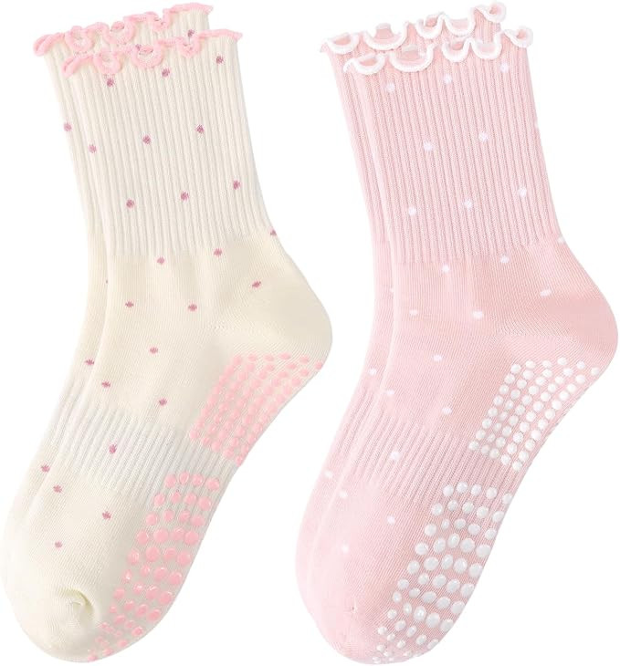 Pilates Grip Socks for Women, Ruffle Grippy Non Slip Cute Polka Dot Crew Socks for Workout Yoga B... | Amazon (US)