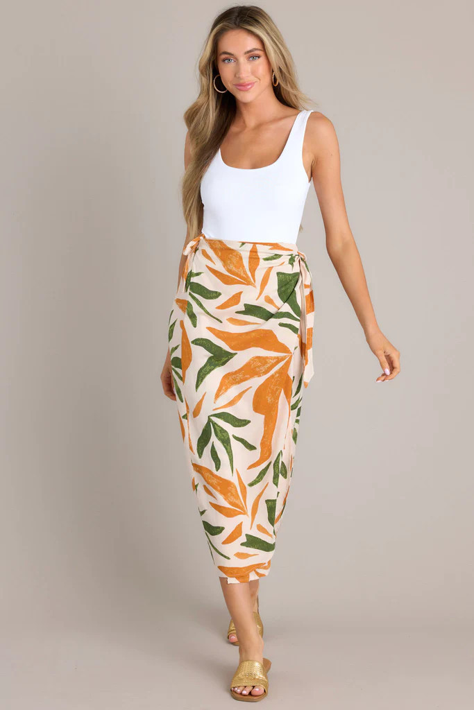 Cabana Chic Beige Tropical Print Midi Wrap Skirt | Red Dress