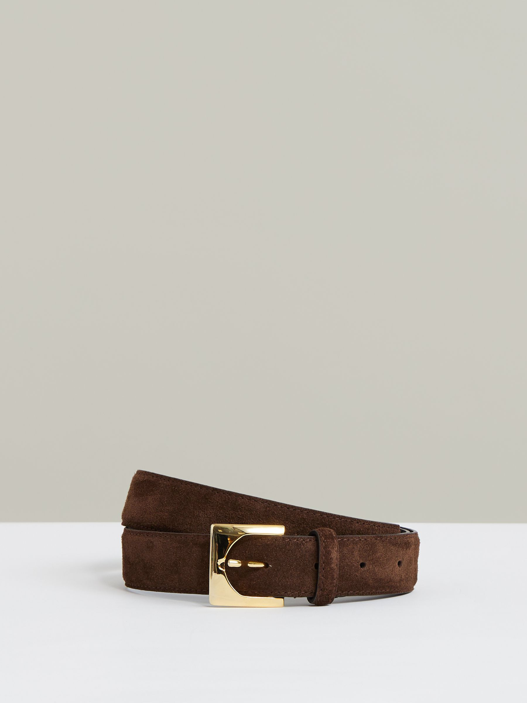 Suede Square-Buckle Belt in Chocolate | Reiss US