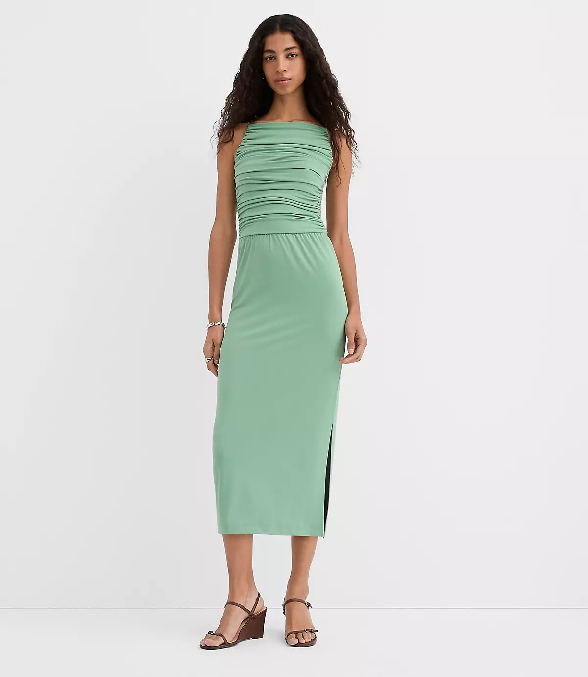 Ruched Apron Neck Midi Dress | LOFT