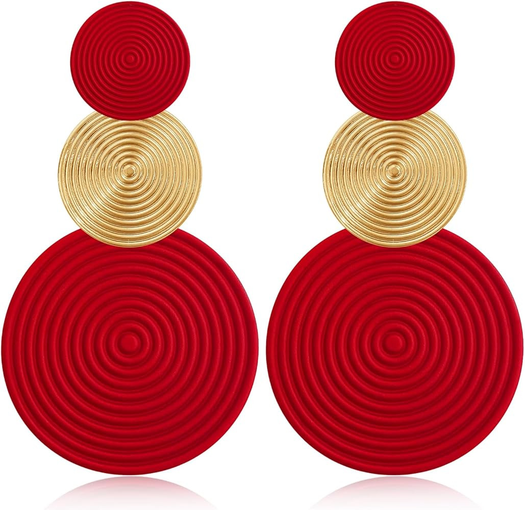 Handmade Long Round Alloy Dangle Drop Earrings - Statement 60s 70s 80s Vintage Gold Disk Round Di... | Amazon (US)