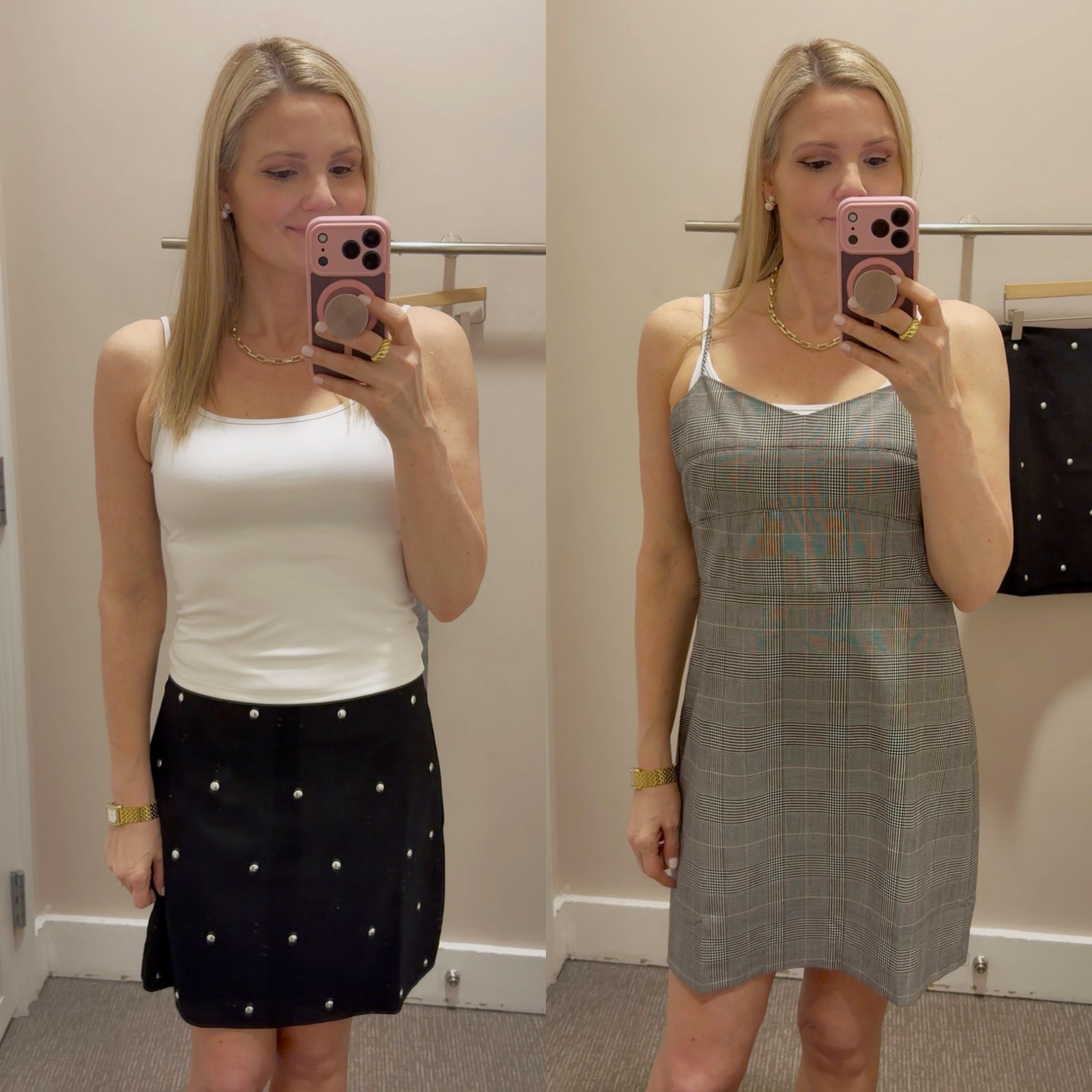 LOFT on sale! Studded mini skirt and plaid workwear mini dress (cute with a blazer!). Size down in both, they run big  

#LTKTall #LTKWorkwear #LTKOver40
