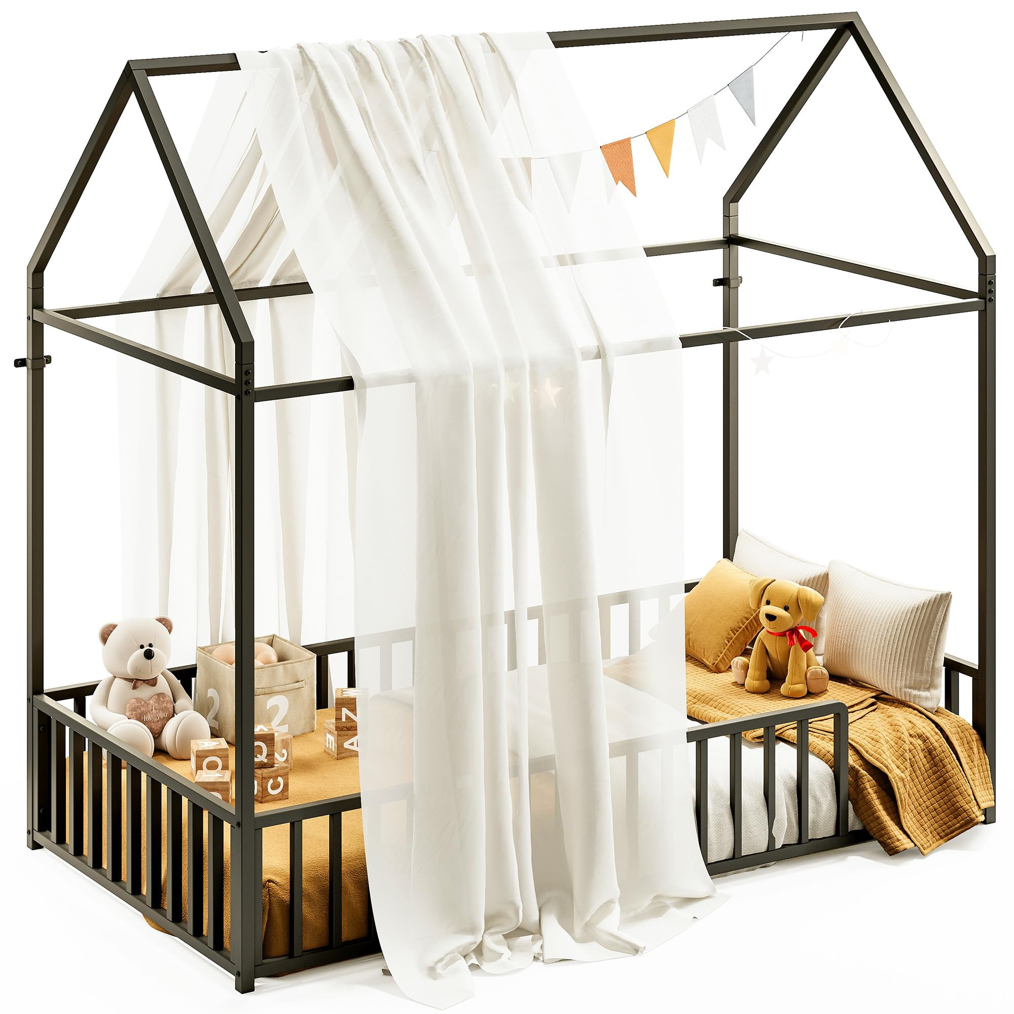 LIKIMIO Twin Floor Bed Frame with Roof & Fence Guardrails Metal House Bed for Bedroom, Easy Assemble, No Box Spring Needed, Black | Amazon (US)