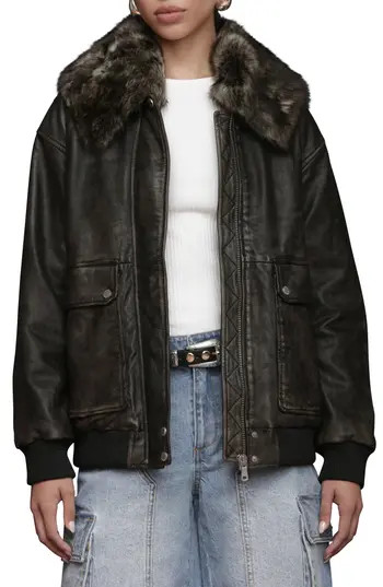 Avec Les Filles Oversize Leather Bomber Jacket with Genuine Shearling Collar in Washed Black at Nordstrom Rack, Size Large | Nordstrom Rack