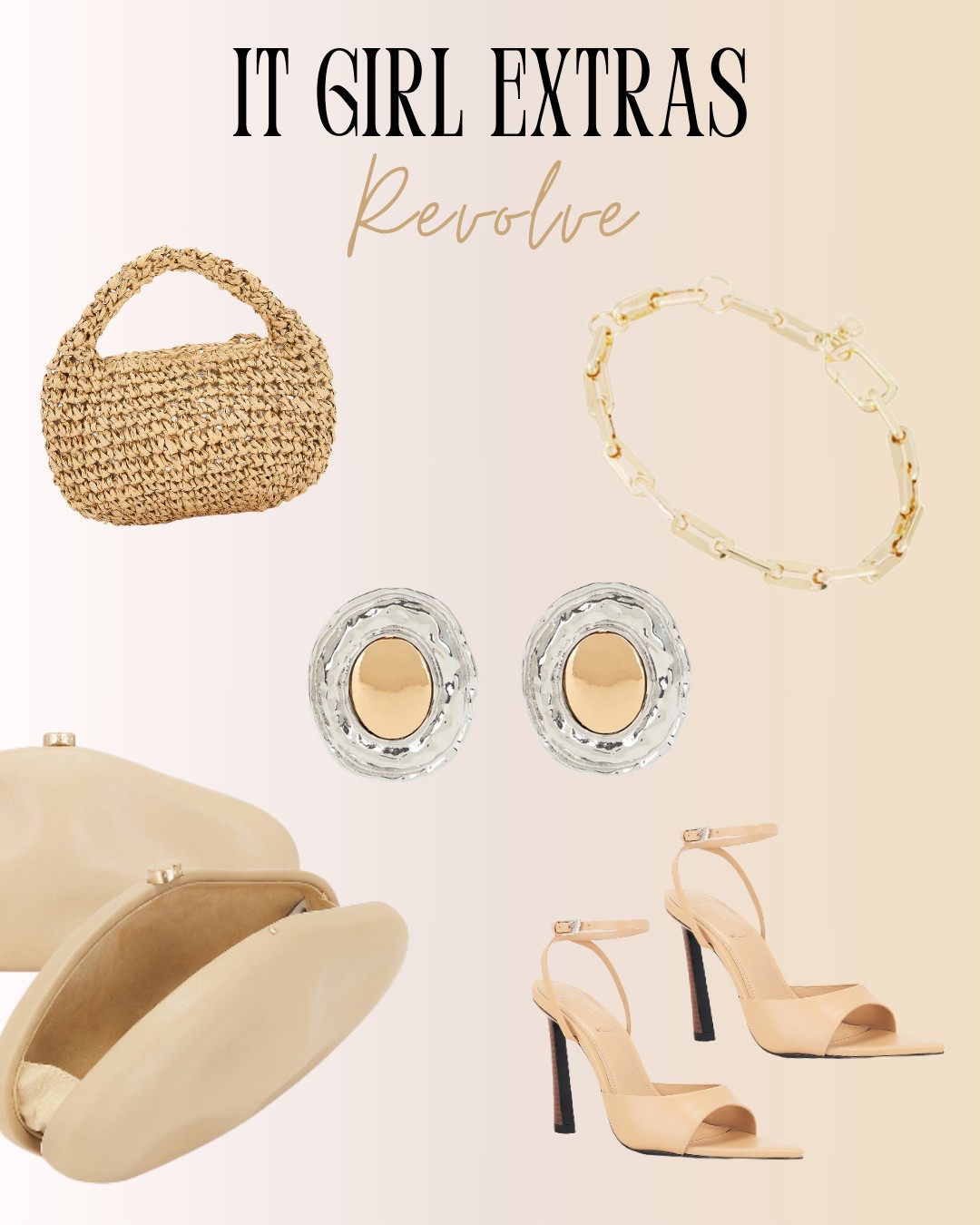 This It Girl Extras edit from Revolve features the perfect neutral accessories to elevate any look. With chic nude heels, a minimalist clutch, chunky two-tone earrings, a statement gold chain bracelet, and a woven top-handle bag, these pieces bring effortless polish to your spring wardrobe. Shop these must-have LTK finds to complete your capsule collection with trending accessories that go with everything.

#LTKStyleTip #LTKFindsUnder100 #LTKTravel