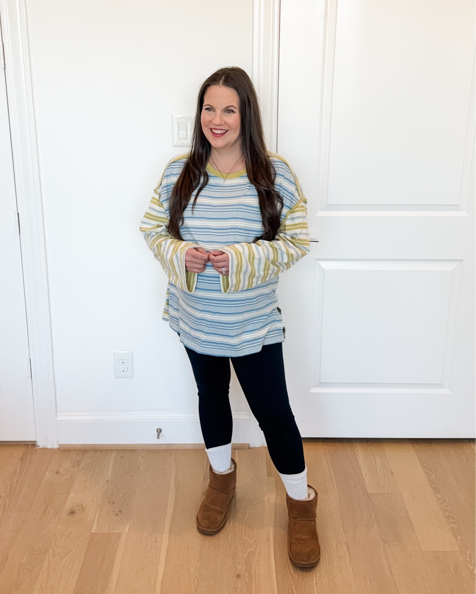 Cozy + Chic

This is one of my favorite casual fashion ideas for winter. A striped oversized tshirt with ultra-comfortable black leggings makes such an easy winter outfit, especially during pregnancy. Add brown booties and you’ve got a stylish bump friendly outfit that feels put together while still functioning as cozy loungewear.


#LTKSeasonal #LTKPetite #LTKBump