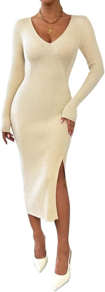 Women's 2024 Casual Sweater Dress Long Sleeve Casual Solid Color V-Neck Sweater Dress | Amazon (US)
