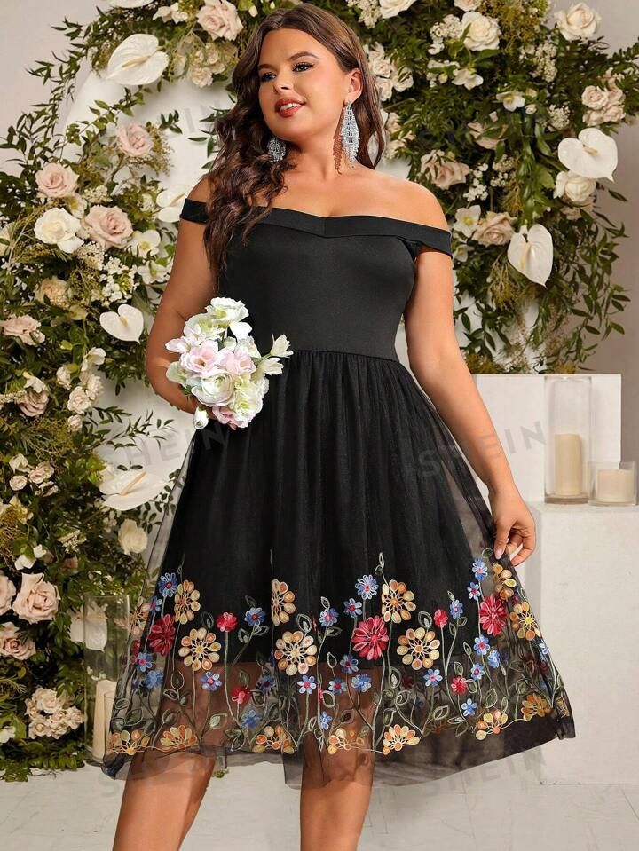 SHEIN Belle Plus Size Off-The-Shoulder Dress With Floral Embroidery And Mesh Splicing | SHEIN