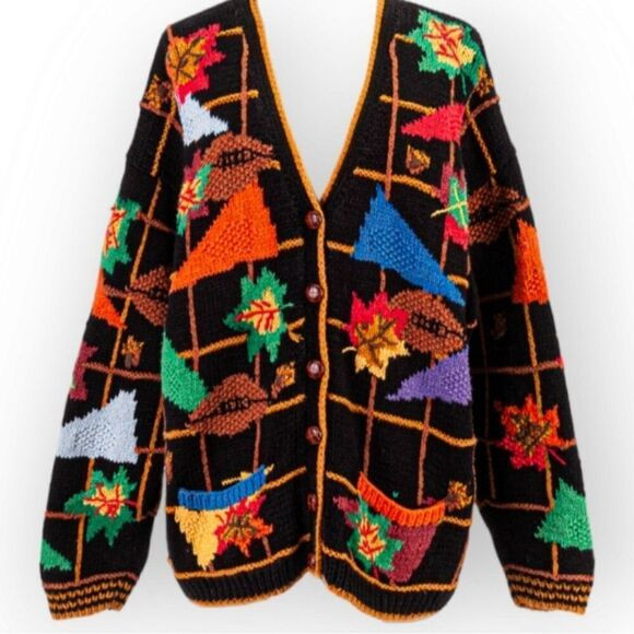 RARE Vintage Cardigan Bay Hand Knit Fall Football Leaves Chunky Button S… | Poshmark