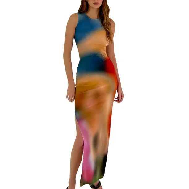 Musuos Women's Summer Long Dress Sleeveless O Neck Tie Dye Print Side Split Skinny Dress | Walmart (US)