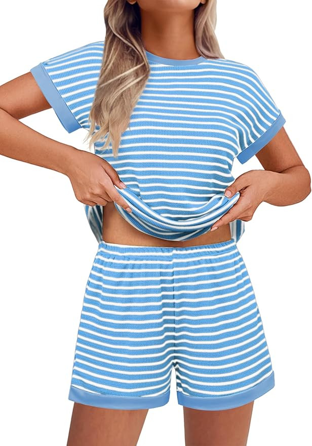 Ekouaer Waffle Knit Lounge Set Women Stripe Pajama Sets Short Sleeve Pj Tops and Shorts Matching ... | Amazon (US)