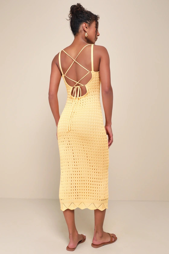 Ventura Vision Light Orange Crochet Lace-Up Midi Dress | Lulus