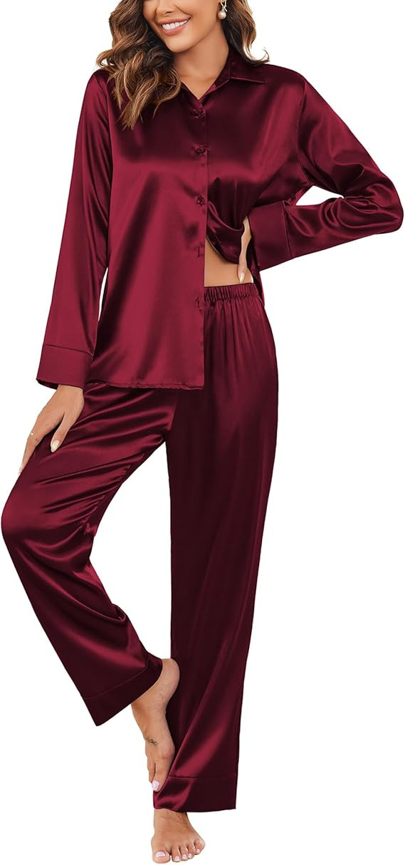 Ekouaer Women Satin Silk Pajamas Classic Long Sleeve Button Down Pjs Set Soft Loungewear | Amazon (US)