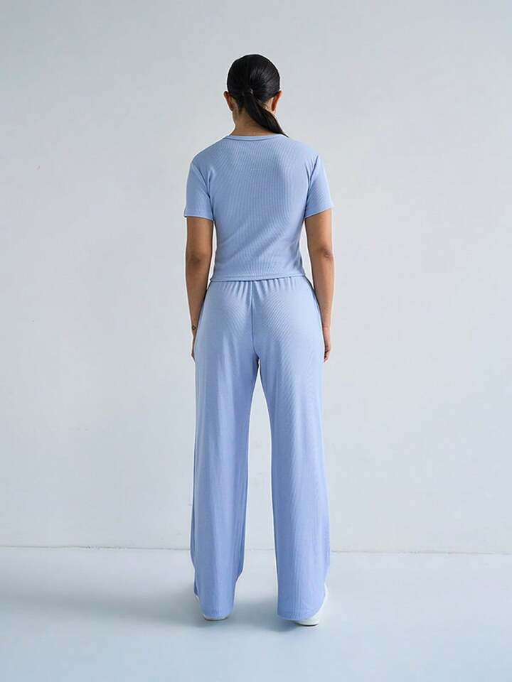 KatchMe Women's Versatile Solid Color Short Sleeve Button Crop Top & Wide Leg Trousers Co-Ord, Sp... | SHEIN