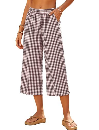 LOMON Capri Pants Women Wide Leg Cropped Relaxed Summer Gingham Pants with Pockets Coffee Brown Plaid, S | Amazon (US)