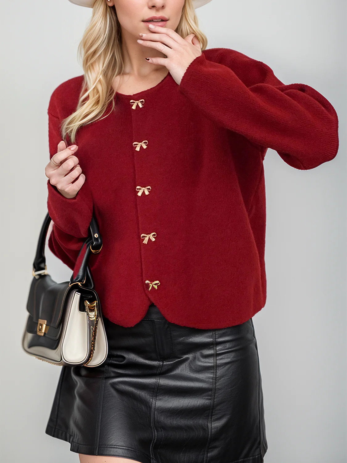 Bow Button Down Round Neck Long Sleeve Cardigan Burgundy / One Size | Casual Chic Boutique