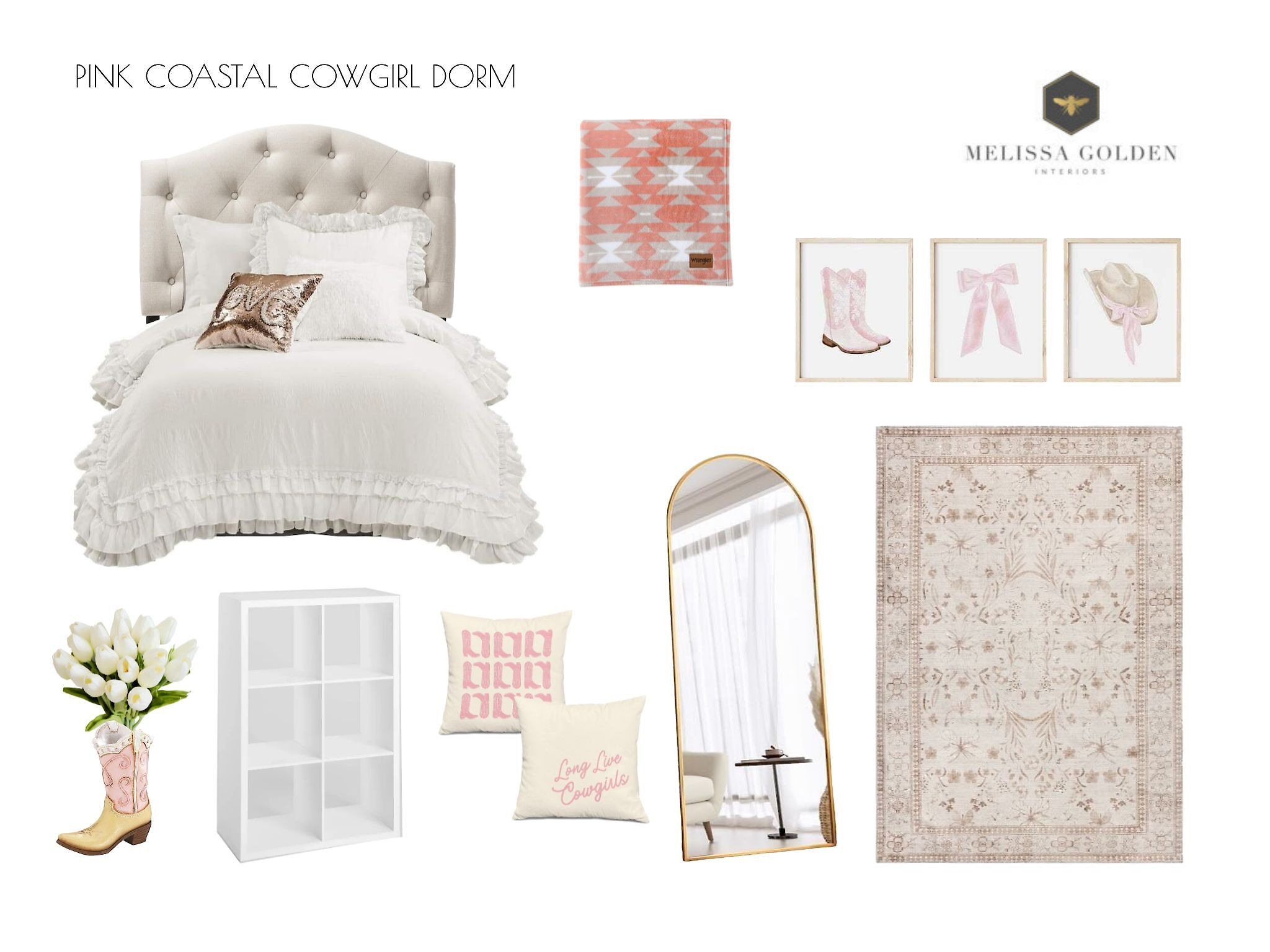 The Pink Cowgirl mood board blends the playful, feminine charm of the color pink with the rugged, adventurous spirit of classic Western aesthetics. This combination creates a modern reinterpretation of cowgirl culture that feels both nostalgic and fresh.

The choice of pink as the dominant color softens traditional Western motifs, such as cowboy hats, boots, denim, and leather, and infuses them with a sense of youthful energy, empowerment, and individuality. Shades ranging from pastel blush to bold fuchsia were selected to represent a spectrum of moods—from sweet and romantic to bold and confident. 

 